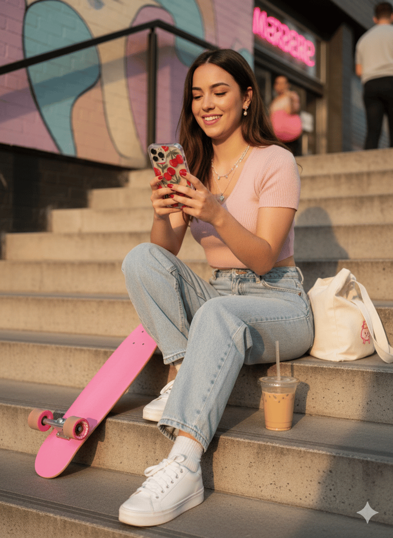 joven usando una funda pintada a mano en su celular