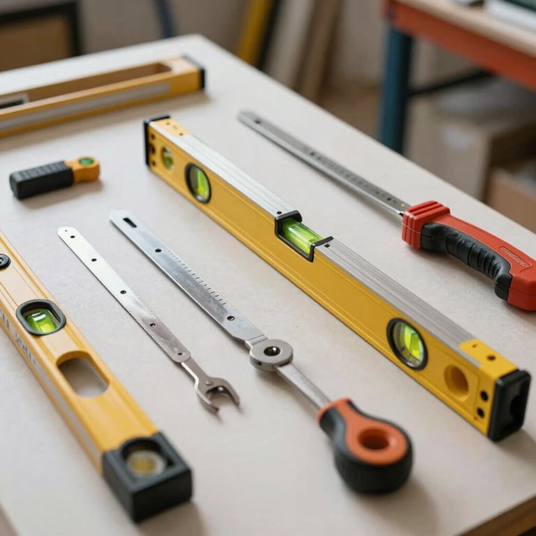 Close-up of professional construction levels and specialized drywall tools laid out neatly on a clean workshop table in a Southern European studio.