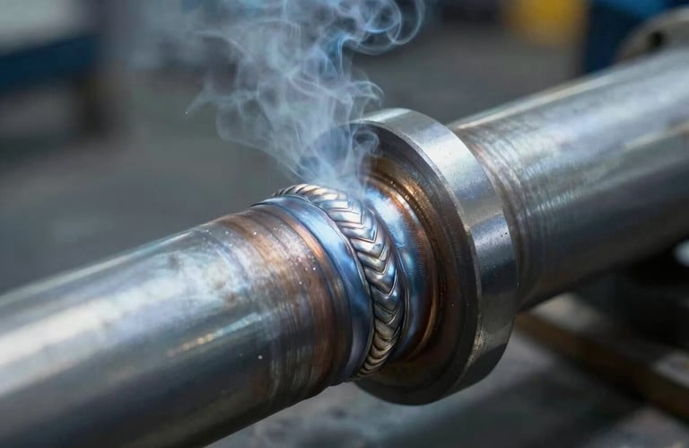 A detailed close-up of a professional-grade welded pipe joint in an industrial setting, highlighting clean, precise weld beads under soft mist blue lighting.