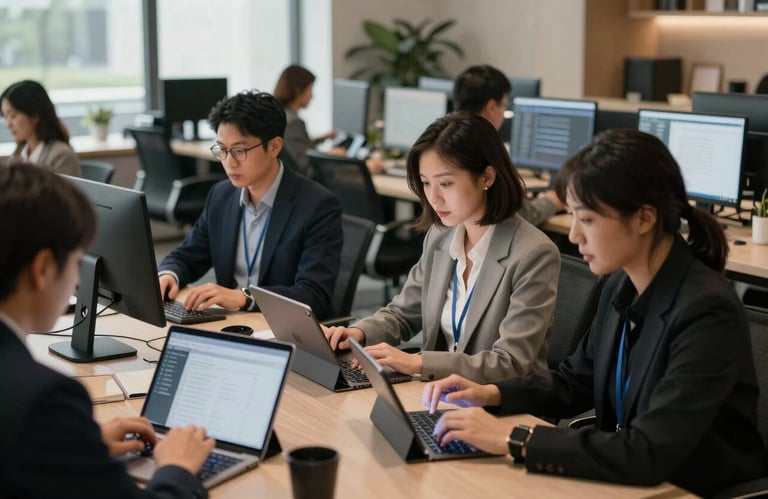 A high-end collaborative workspace in the US where professionals are working on tablets and computers in an airy, sophisticated environment.