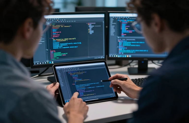 A close-up shot of two software engineers in a high-tech North American office, collaborating over a tablet showing complex application code. The lighting is sophisticated and moody, with Deep Blue tones.