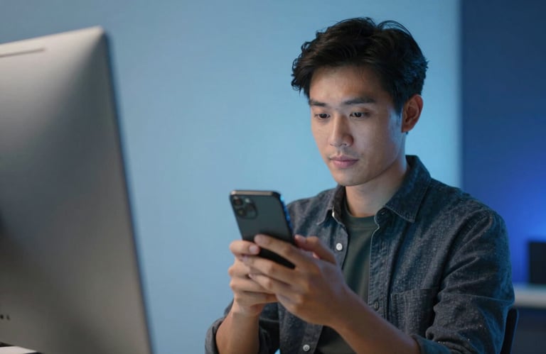 A focused portrait of a designer using a mobile phone to test a new interface. North American setting, soft studio lighting with Light Blue and Deep Blue environment colors, feeling innovative.