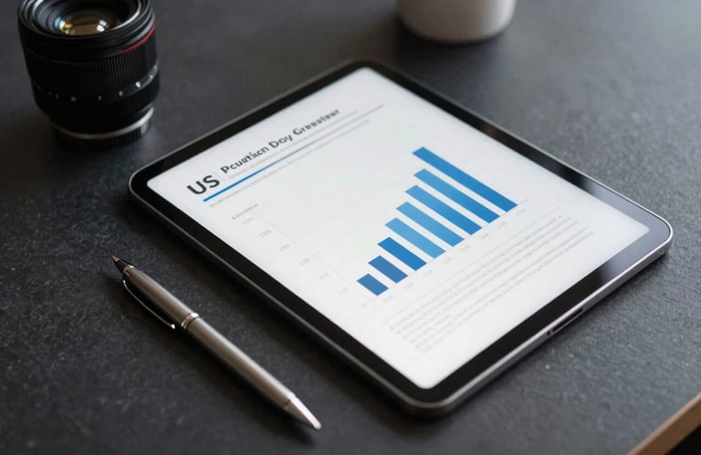 A professional flat-lay photograph on a dark charcoal desk featuring a tablet displaying a clean business graph and a silver pen in a US office setting.