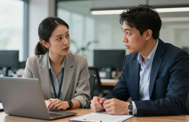 Two colleagues in a professional South American office environment discussing strategy, reflecting human-centric communication and teamwork.