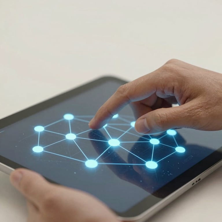 Close-up photography of a hand interacting with a high-tech digital tablet showing 3D network nodes, emphasizing strategic reliability and industrial innovation in an off-white and medium blue environment.