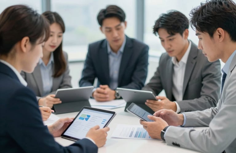 Business team collaborating around a table with digital tablets and documents. Professional lighting, emphasizing team efficiency and trust using #4D6A7E.