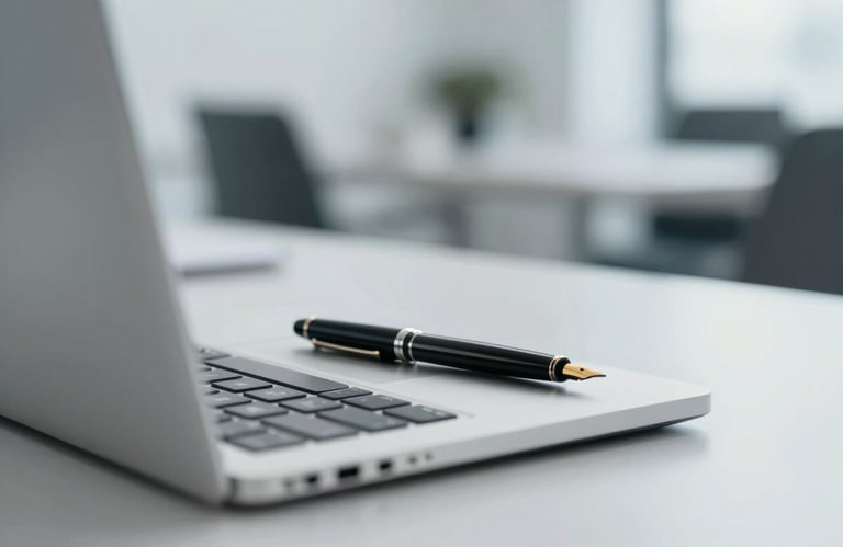 Close-up of a professional desk with a laptop and a fountain pen, with a blurred background of a modern office. Palette focuses on #1A2A3A and #F5F8FA.