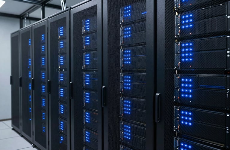 A high-tech data center interior with rows of servers and glowing blue indicator lights, representing reliability and modern technology.