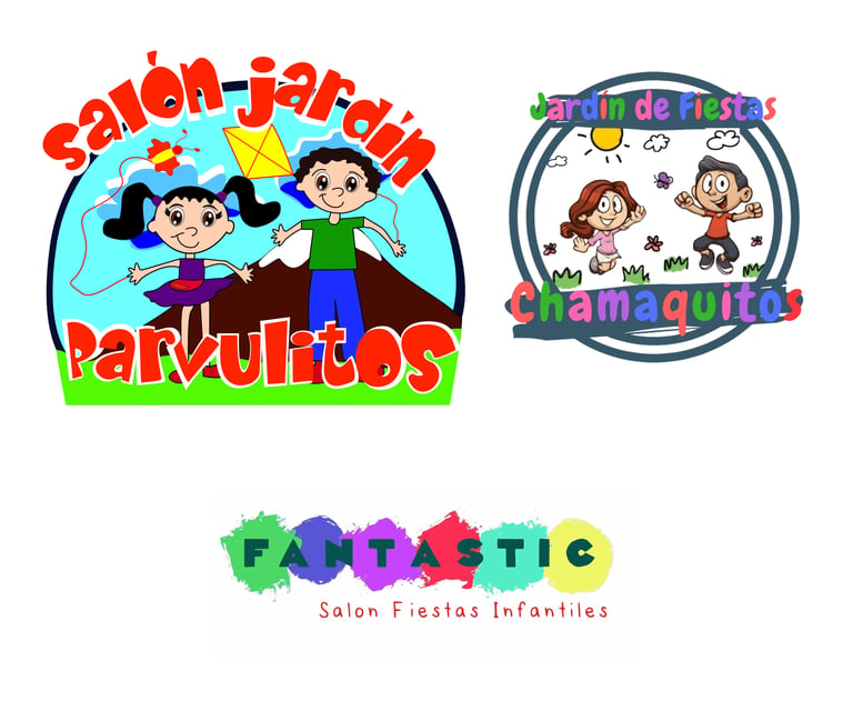Logotipos de los tres salones de fiestas infantiles de Parvulitos Fiesta en Puebla