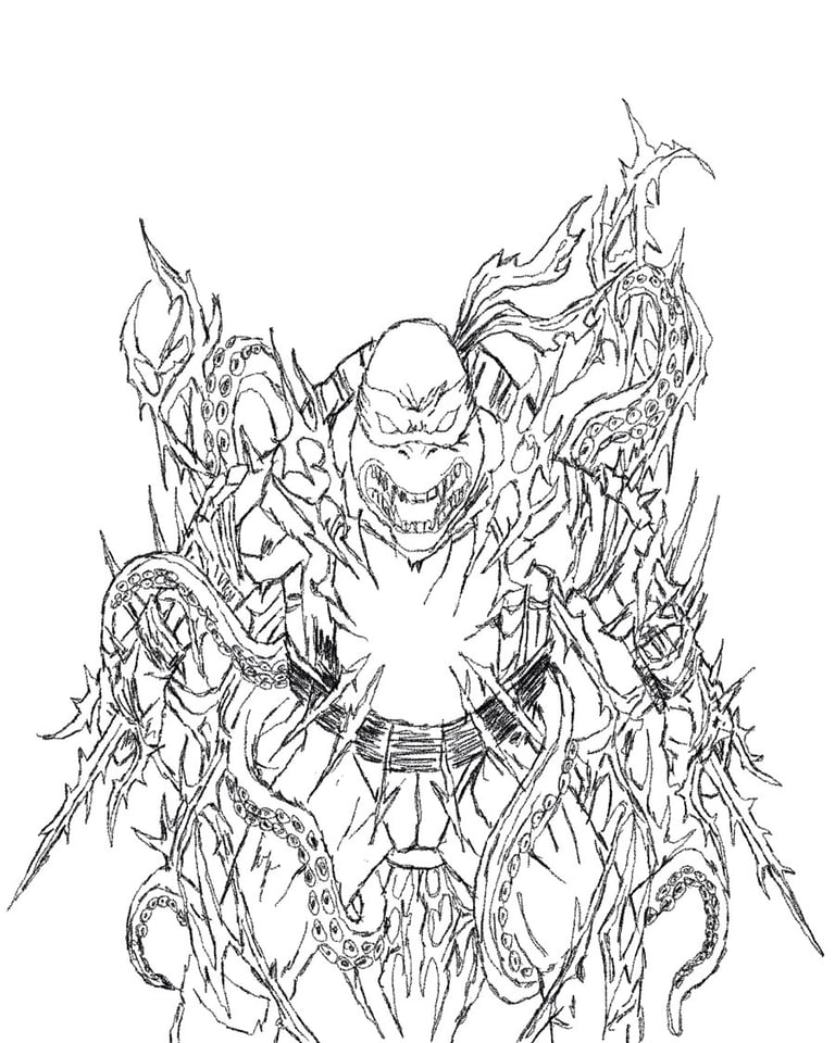 Black and white line art of a Teenage Mutant Ninja Turtle entangled in thorny vines and octopus tentacles.