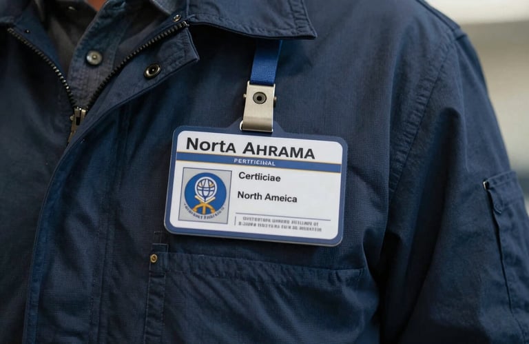 Close-up of a professional certification badge and emblem on a deep charcoal blue jacket of a technician in North America.