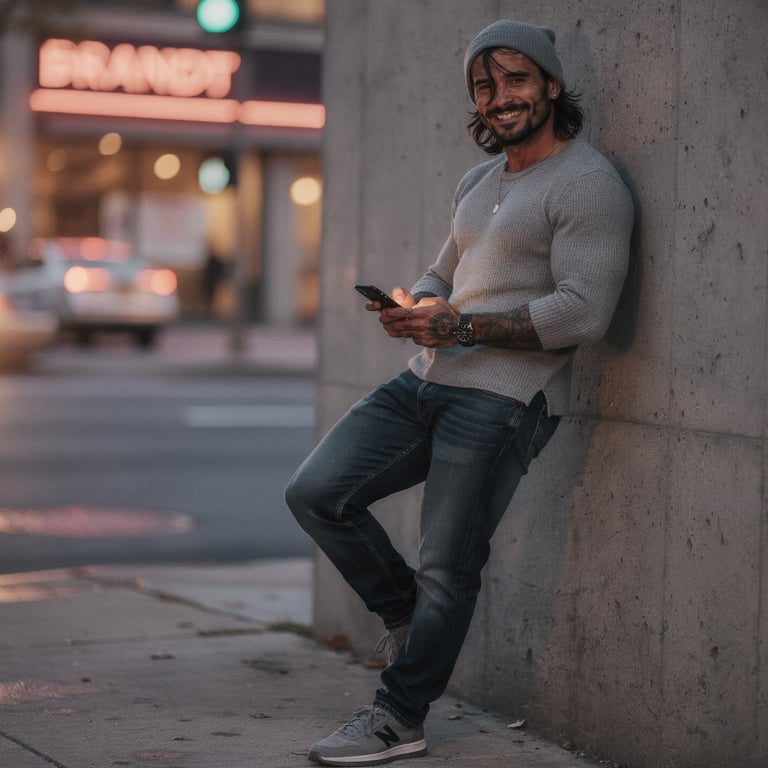 A stylish man in a grey sweater and beanie leans against a wall using a smartphone in a city at dusk.
