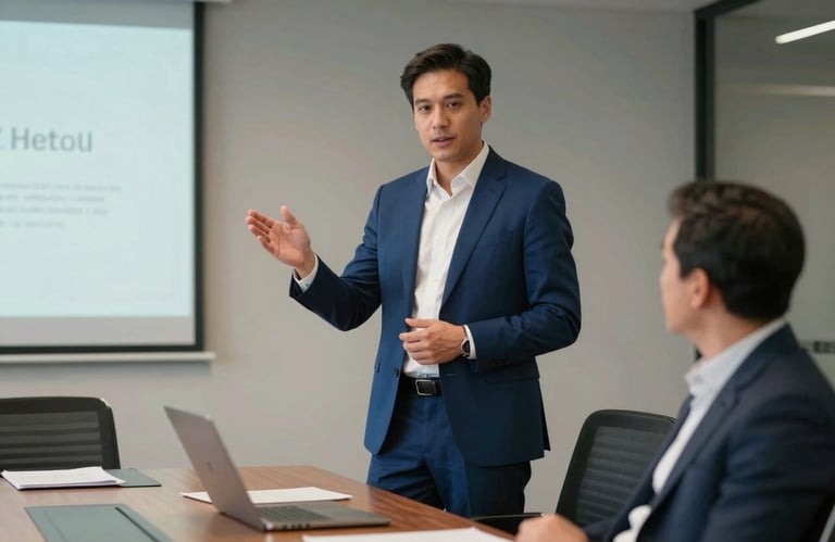 A professional man in a sharp Steel Blue suit presenting a growth strategy in a North American / US boardroom.
