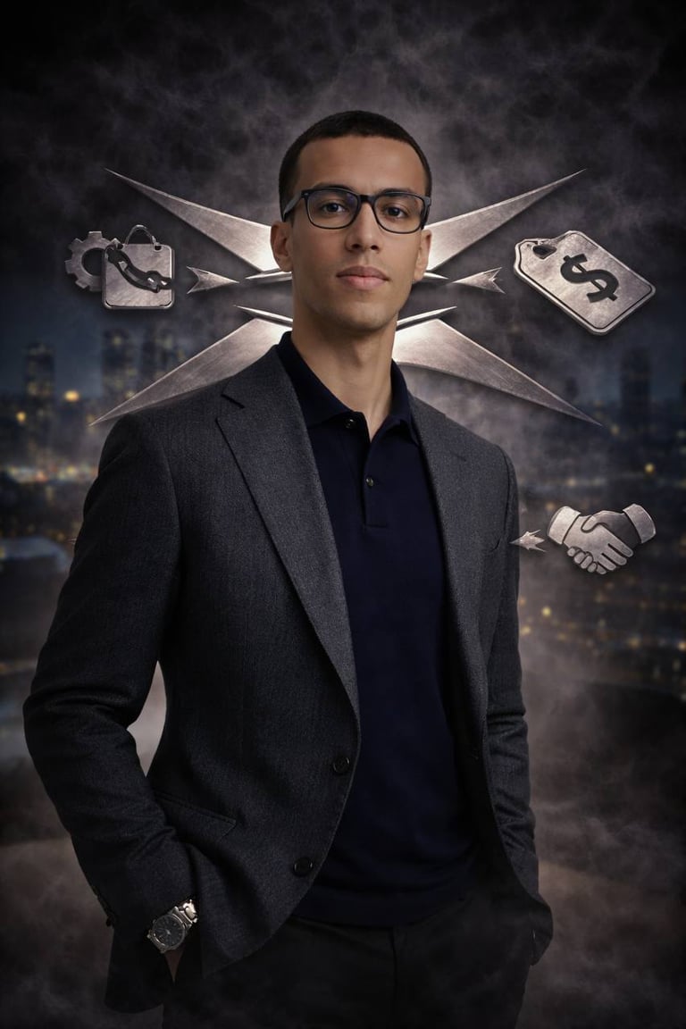 Professional businessman in a grey blazer with icons for sales, partnership, and logistics.