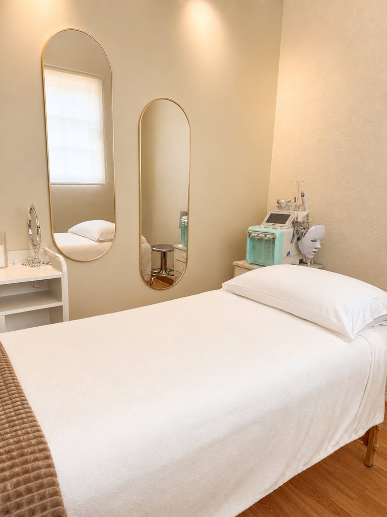 Cabina profesional para tratamientos faciales con camilla de masaje, espejos ovalados dorados y máqu