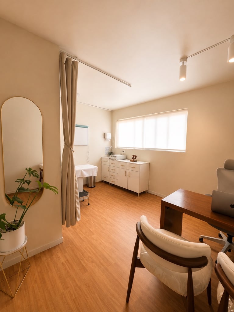 Modern medical consultation room with wooden flooring, examination table, privacy curtain, and office desk.