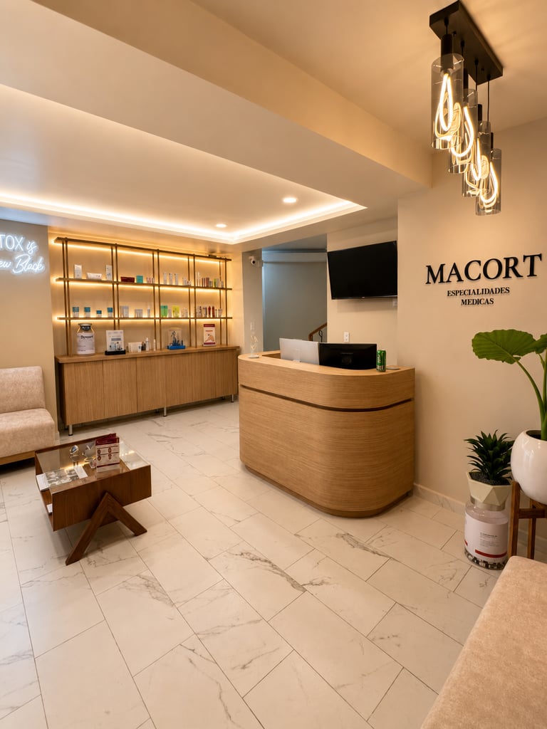 Modern medical clinic reception area with wooden desk, skincare product display, and marble floors.