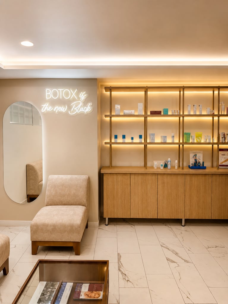  spa médico con un letrero de neón de Botox, productos para cuidado de la piel