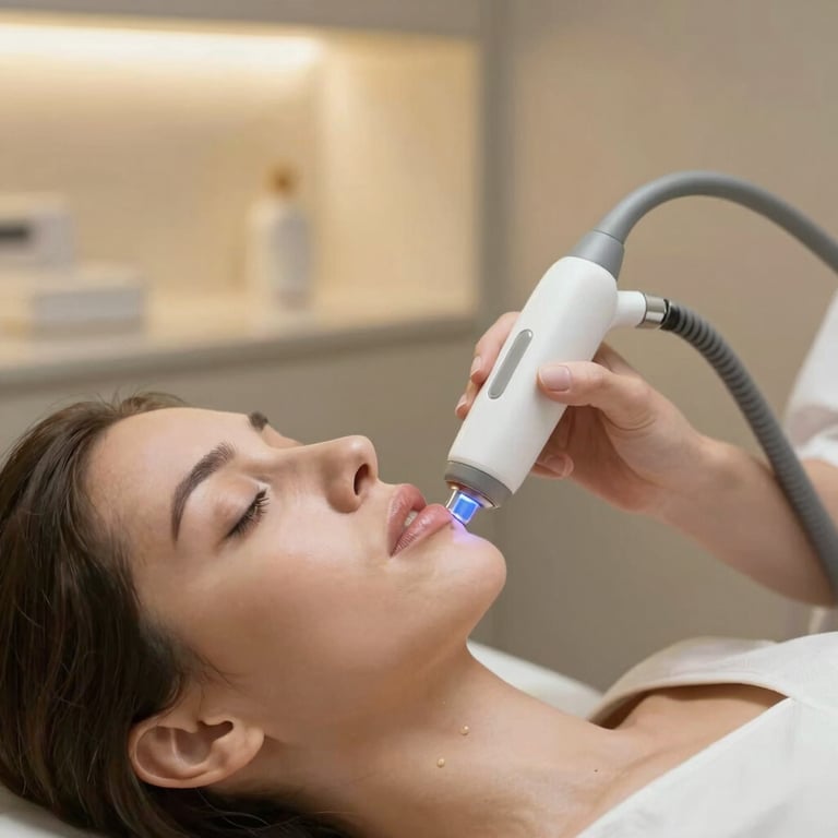 Close-up of a laser device gently treating a client's lower leg in a modern clinic.