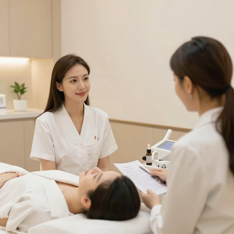 Close-up of a professional administering a precise cosmetic injection in a sleek, boutique clinic setting.