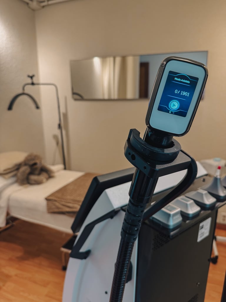 Professional aesthetic laser machine in a clinic treatment room with medical equipment and patient bed.