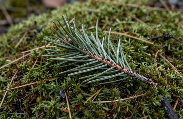 A detail shot of natural pine needles resting on a soft bed of moss in a North American / US forest, highlighting pine green and muted sage colors.