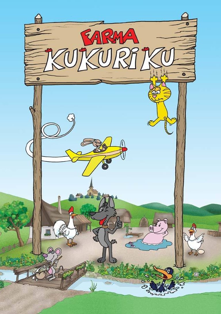Cartoon farm animals including a wolf, pig, and rabbit on Farma Kukuriku with a wooden sign.