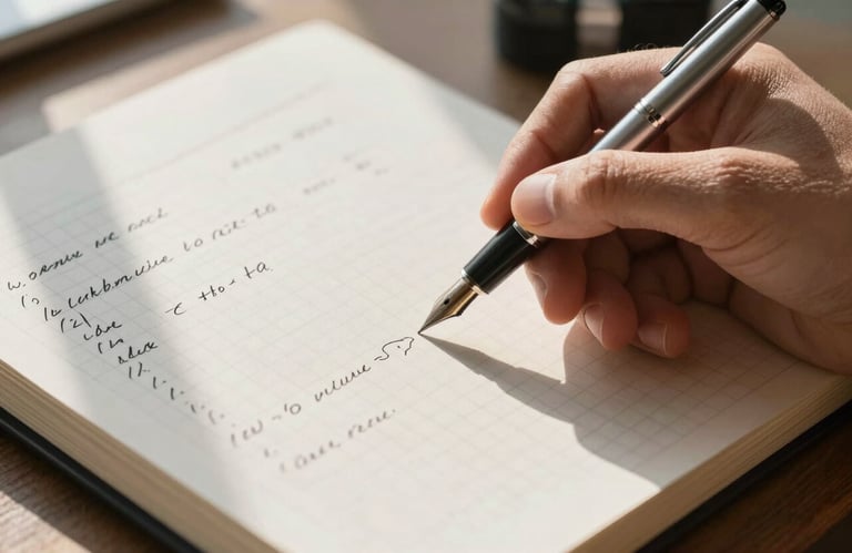 A hand holding a silver fountain pen over a graph paper notebook filled with tidy statistical notations, soft morning light.