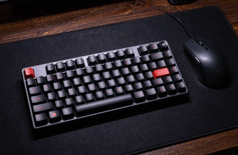 A top-down view of a sleek mechanical keyboard on a dark navy desk mat next to a precise optical mouse, moody cinematic lighting.