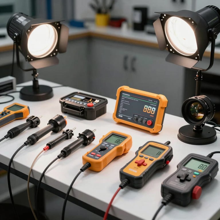 A set of professional automotive electrical tools and testers organized on a clean white surface in a South American / Brazilian workshop. Professional studio lighting.