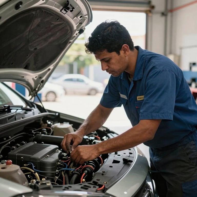 A mechanic in a clean uniform checking the wiring under the hood of a modern car in a South American / Brazilian garage. Soft natural lighting from the workshop door.