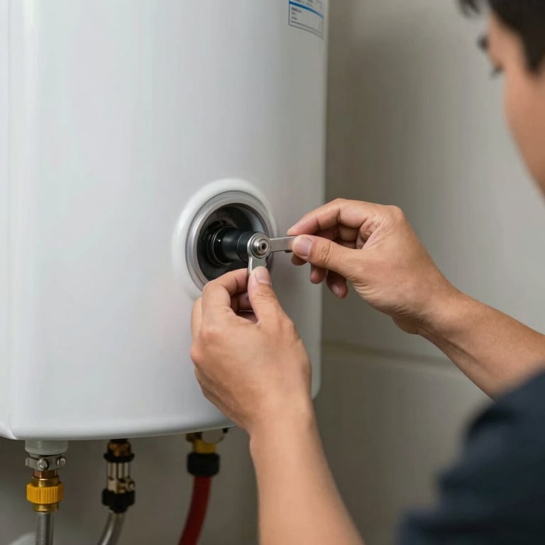 A technician's hands adjusting a modern energy-efficient water heater, clean installation, focus on professional technical work, North American setting.