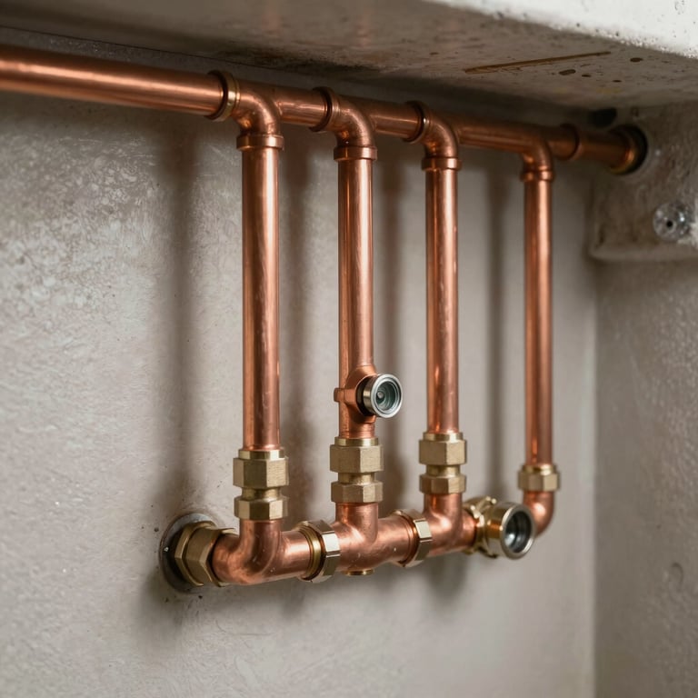 A clean, detailed shot of masterfully installed copper pipes and valves in a North American basement, exhibiting precise craftsmanship and professional quality.