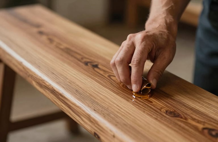 An artisan carefully applying natural oil to a wooden bench, bringing out the deep grains. The focus is on the grain and the rich color, with a professional and authentic feel.