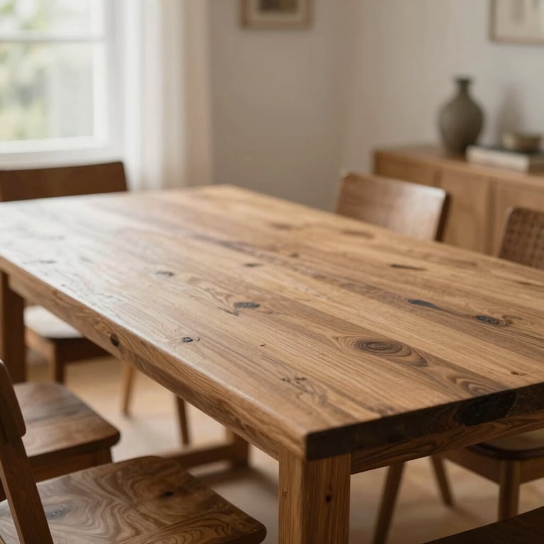 A large solid wood dining table in a sunlit dining room, showcasing reclaimed wood textures.