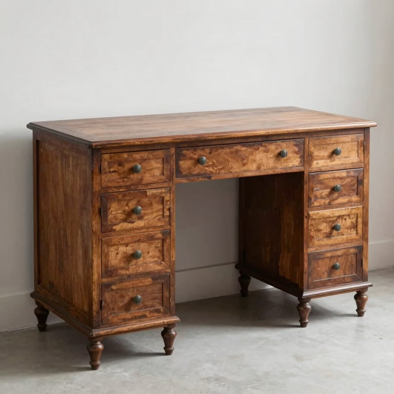 A beautifully restored antique desk, showing the contrast between old wood and new finish.