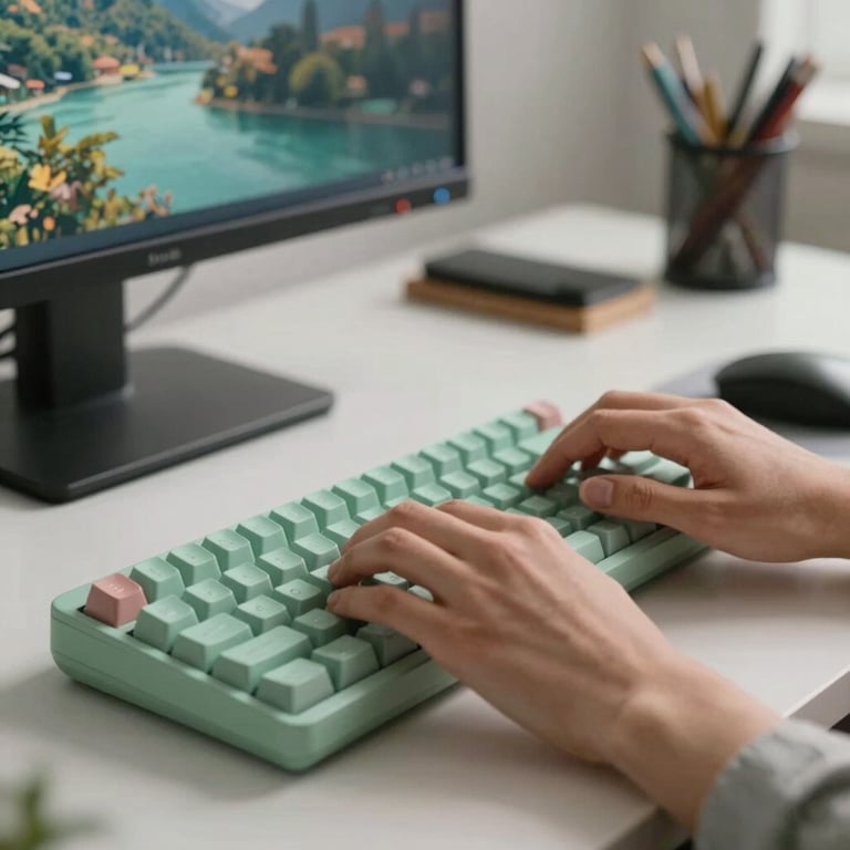 Close-up of hands typing on a modern mechanical keyboard in a bright office, soft mint green lighting from the monitor, South American setting.