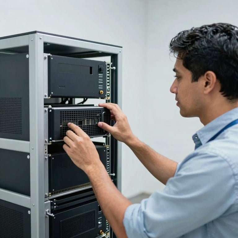 South American tech professional working with cloud infrastructure hardware in a clean environment, steel blue and light gray palette.