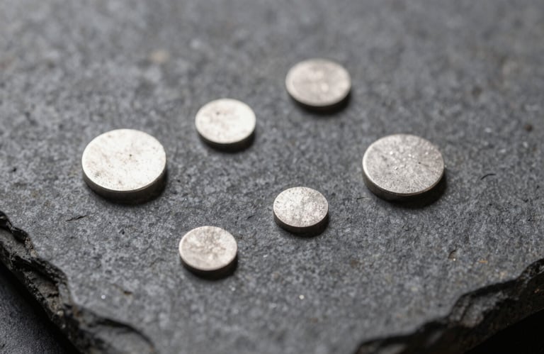 A detailed close-up photography of platinum and palladium metal samples on a dark grey stone surface, representing the purity of the assay process.