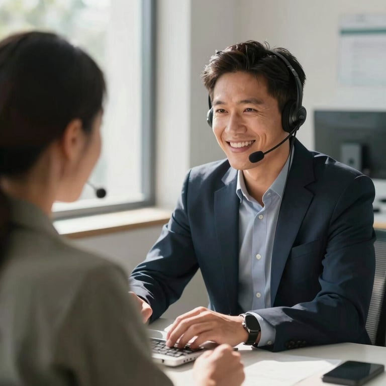 A focused South American professional wearing a headset and smiling while helping a client. The setting is a clean, modern workstation with soft sunlight through a window.