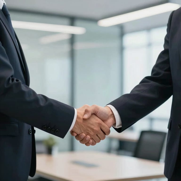A professional handshake between two business people in a bright, modern South American office, symbolizing a strong partnership and reliability. Soft focus on the background with steel blue tones.