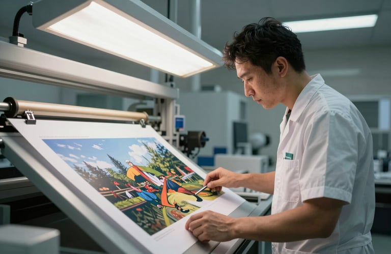 A photograph of a print technician in a clean corporate uniform inspecting a large printed sheet under daylight-balanced lighting in a quality control lab.