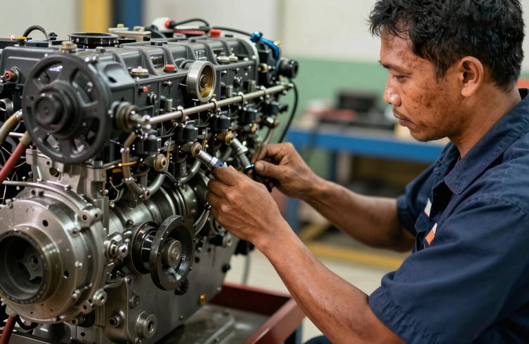 A Southeast Asian / Indonesian technician in uniform performing maintenance on a complex mechanical engine. The image captures hands-on expertise and a professional, reliable service mood. Warm lighting.