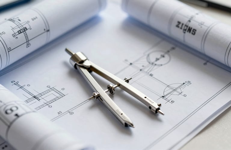 A close-up of professional engineering blueprints and a silver compass on a clean desk. The style is professional and clean, with a focus on meticulous technical planning. Crisp Parchment and YInMn Blue accents.