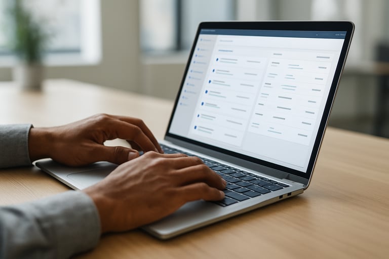 A close-up of hands typing on a sleek laptop keyboard in a bright office, displaying a clean CRM software interface, South Asian / Indian workspace.