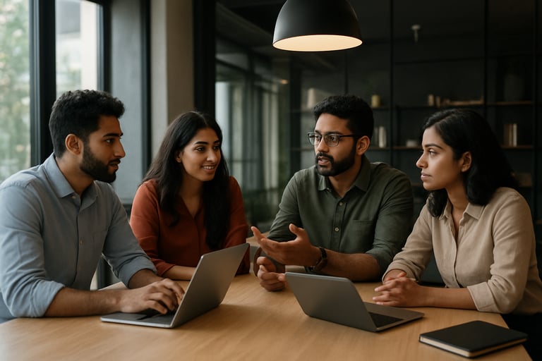 A high-end digital marketing agency office, South Asian / Indian creatives brainstorming at a table with laptops, modern decor, professional lighting.