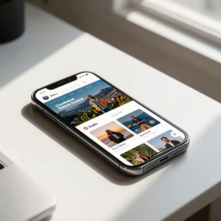 A high-end smartphone on a white desk displaying a vibrant website interface, South African light filtering through a window.