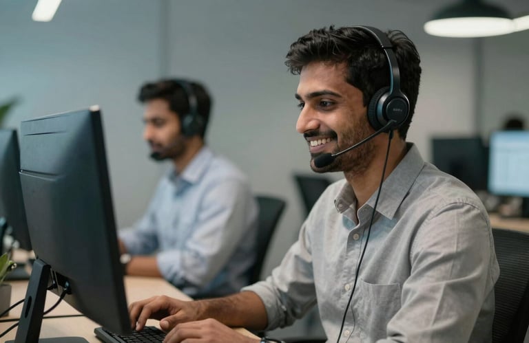 A friendly professional in a modern tech support center with Global / Indian-influenced features, wearing a headset and smiling while working.