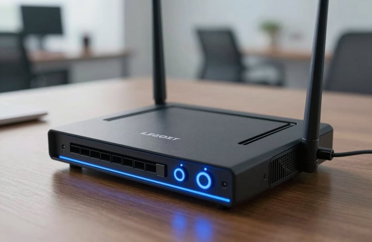 A close-up shot of a modern internet router with glowing blue lights in a clean, professional office setting, representing high-speed connectivity.