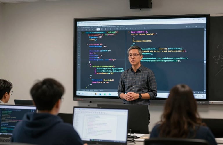 Photography of an instructor leading a code course in a high-tech Minneapolis classroom, focusing on a large screen, North American / US learning environment, innovative teaching style.